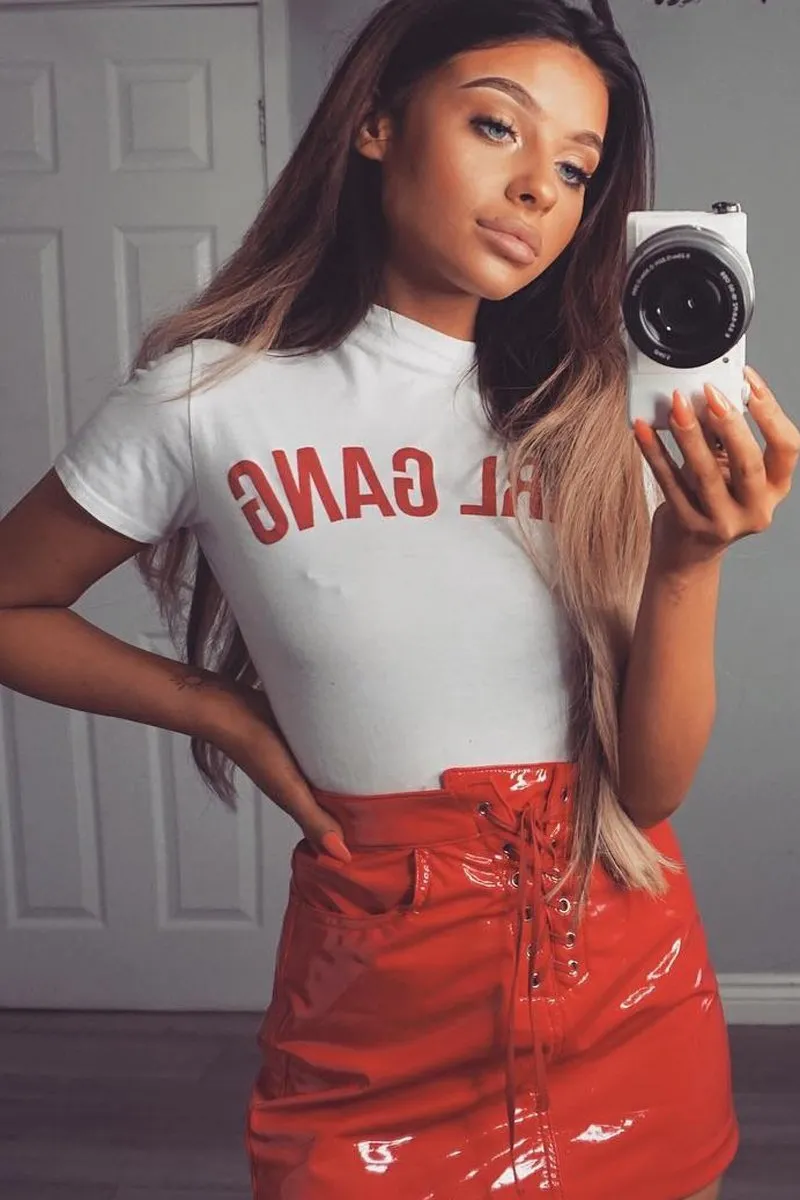 Red Shiny Vinyl Lace up Front Mini Skirt - Caydence