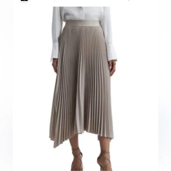 REISS JODIE PLEATED MIDI ASYMMETRICALSATIN SKIRT SIZE 10