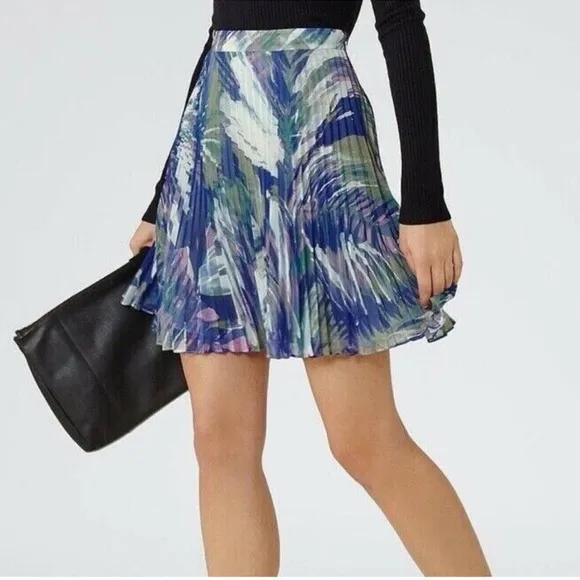 Reiss Pleated Blue Watercolor A-Line Skirt Size 4