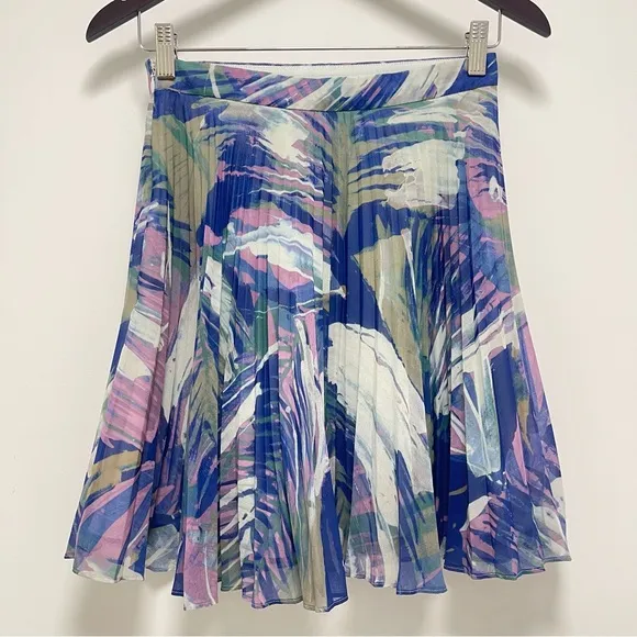 Reiss Pleated Blue Watercolor A-Line Skirt Size 4