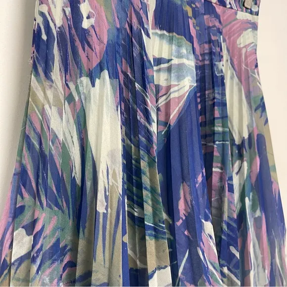 Reiss Pleated Blue Watercolor A-Line Skirt Size 4