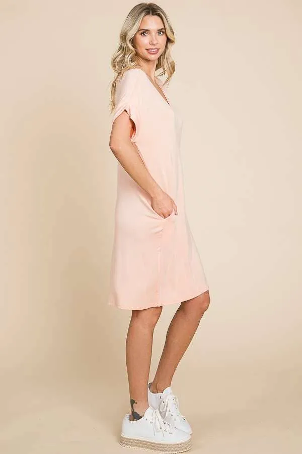 Relaxed V Neck Roll Over Sleeve T Shirt Dress