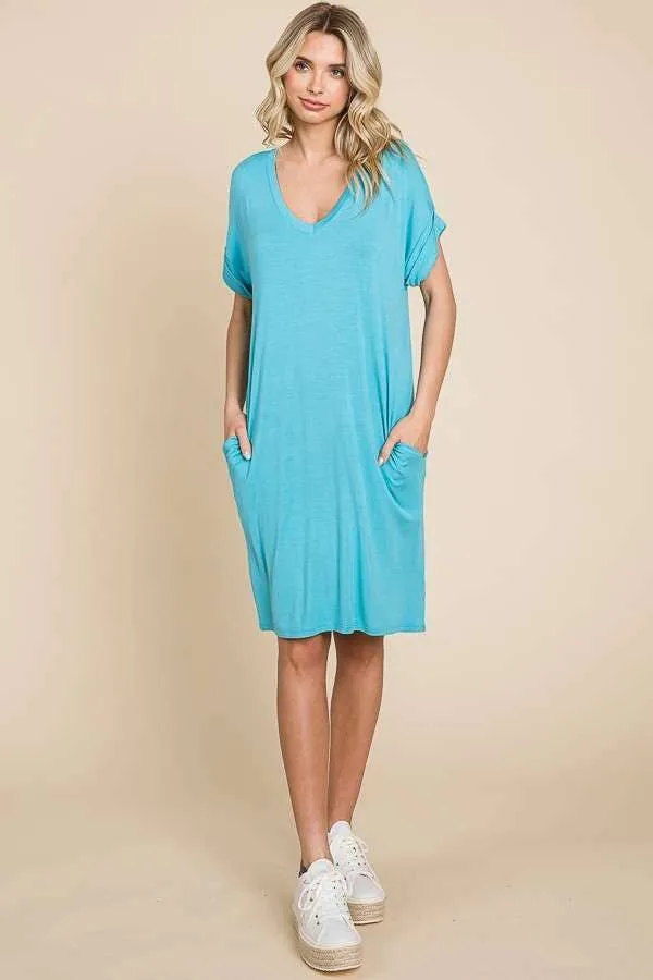 Relaxed V Neck Roll Over Sleeve T Shirt Dress