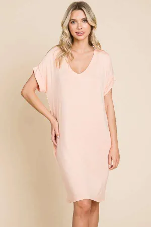 Relaxed V Neck Roll Over Sleeve T Shirt Dress