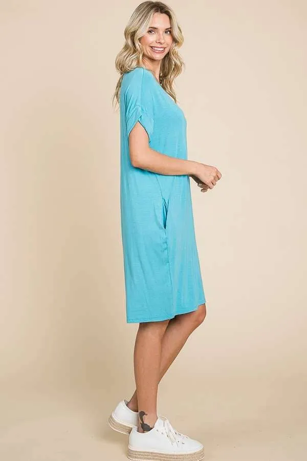 Relaxed V Neck Roll Over Sleeve T Shirt Dress
