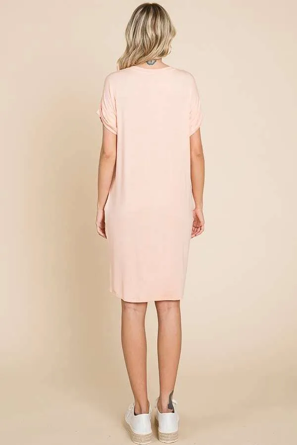 Relaxed V Neck Roll Over Sleeve T Shirt Dress