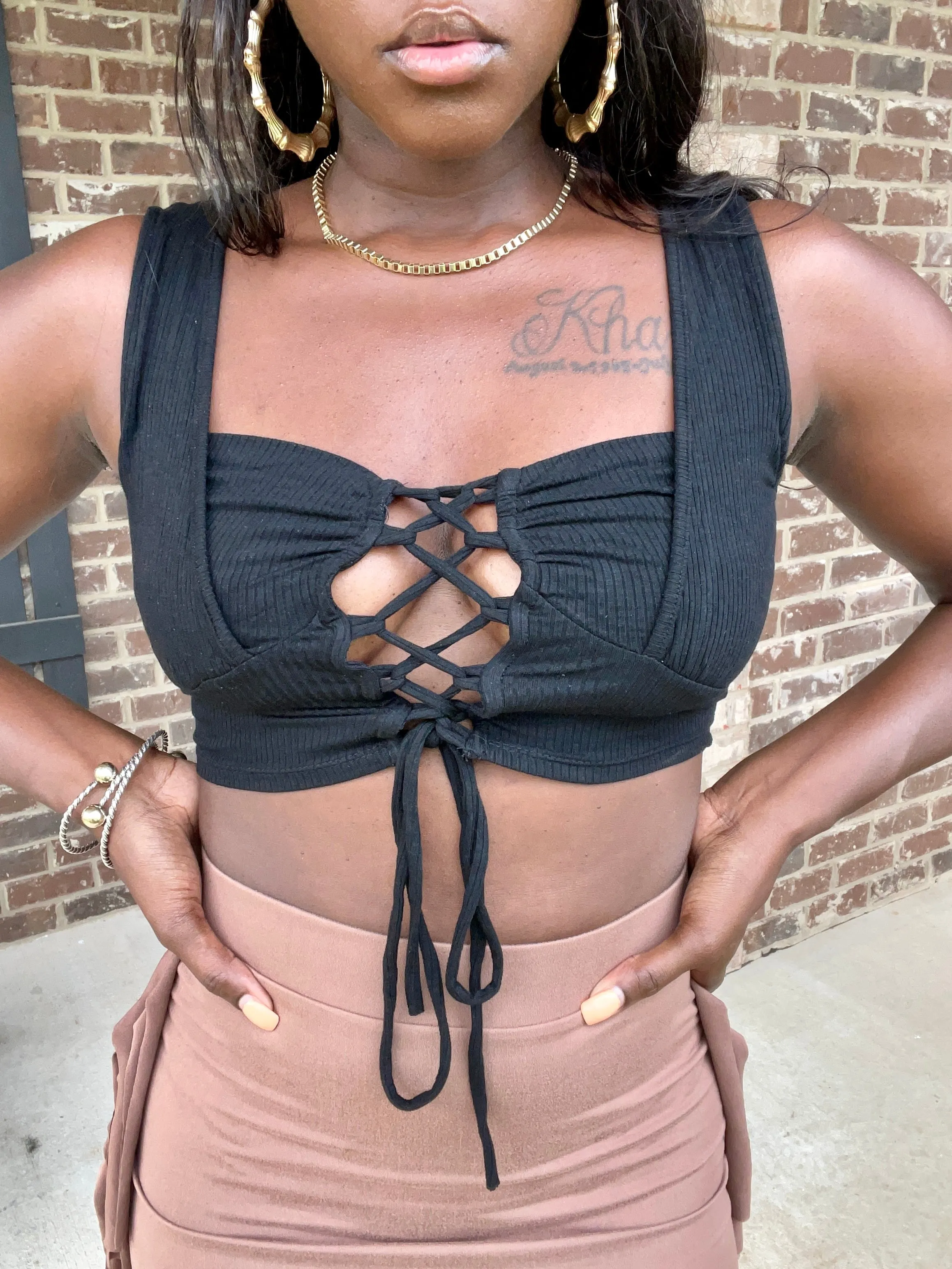 Ribbed Eyelet Tie Up Crop Top