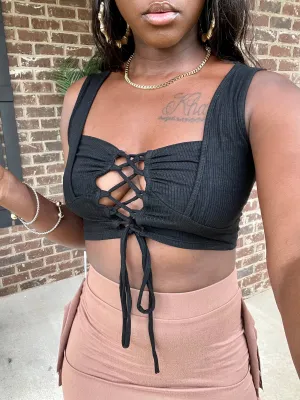 Ribbed Eyelet Tie Up Crop Top