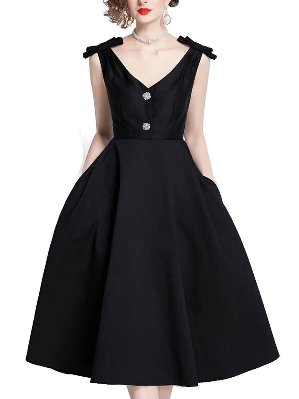 Rose Luxury Button V Neck High Waist Swing Party Dress With Pockets