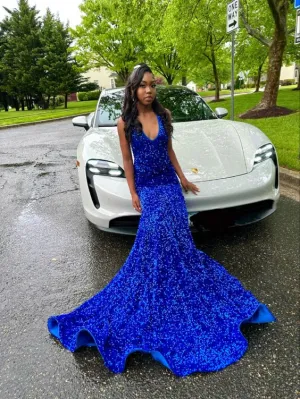 Royal Blue Sequin Long Mermaid Prom Dress      fg5141