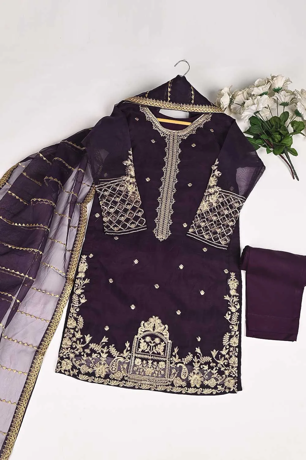 RTW-161-Purple - 3Pc Stitched Organza Embroidered Dress