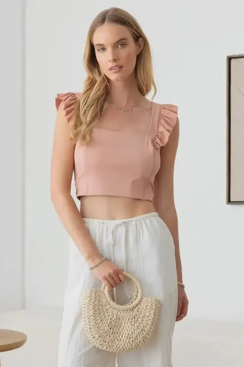 RUFFLE SHORT SLEEVE SQUARE NECK CROP TOP