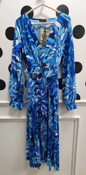 SA Blue Floral Belted Midi Dress