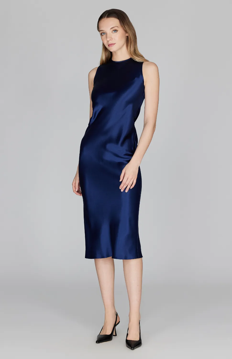 Satin Crew Neck Bias Dress