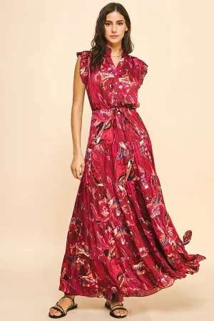 Satin Print Maxi Dress - Deep Pink
