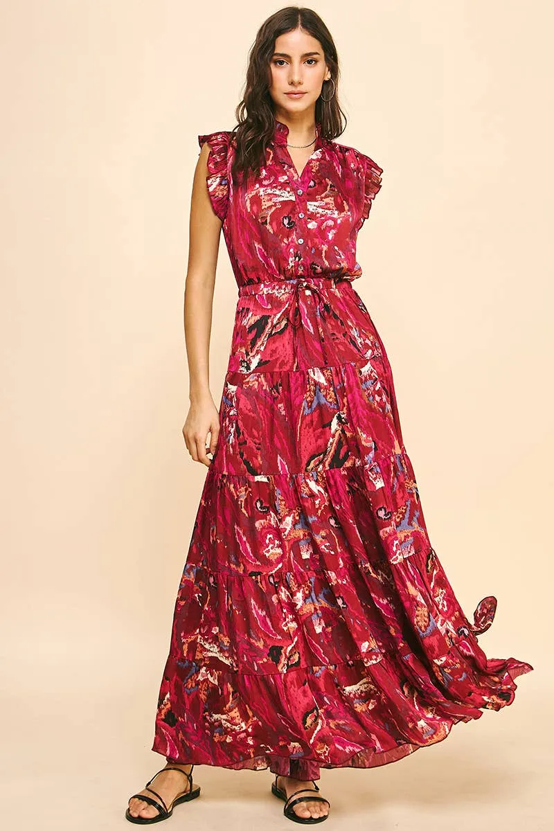 Satin Print Maxi Dress - Deep Pink