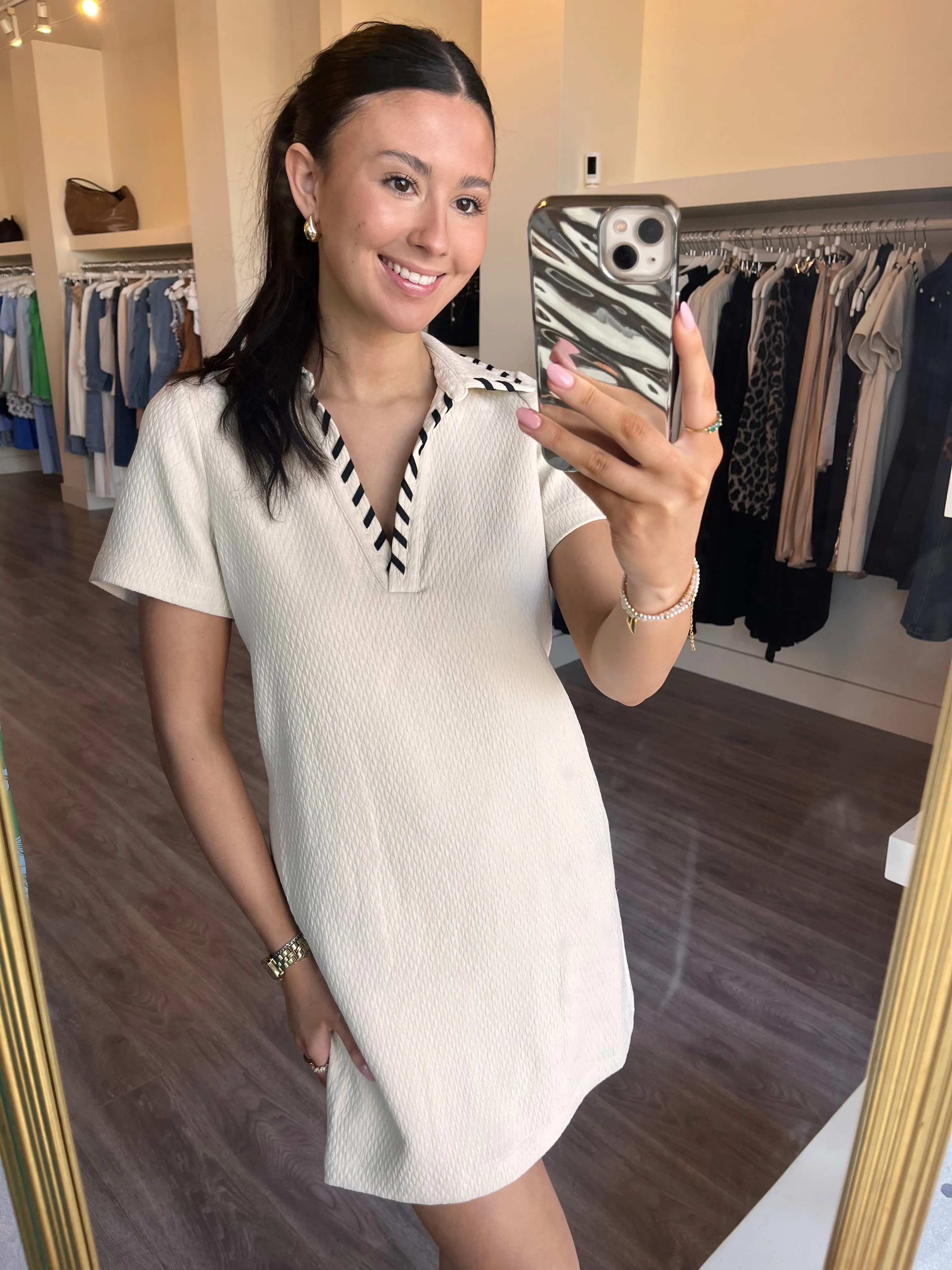 SE1561 Ivory T-Shirt Dress w/ Black Detail