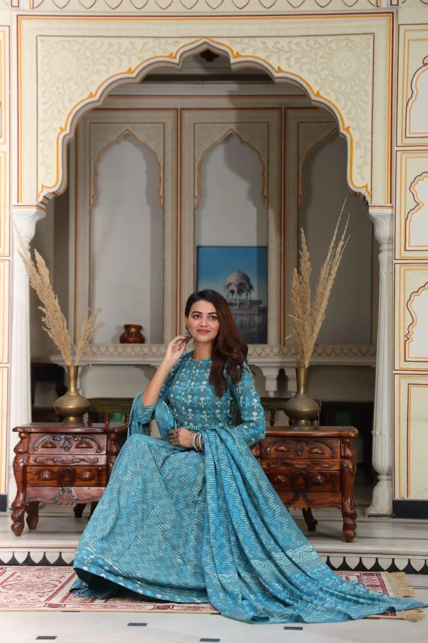 Sea Blue Colour Bagru Print Flora lehenga choli Set