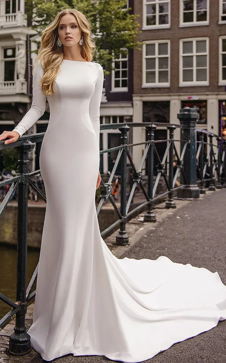 Sexy Bateau Mermaid Satin Court Train Wedding Dress with Beading-716056