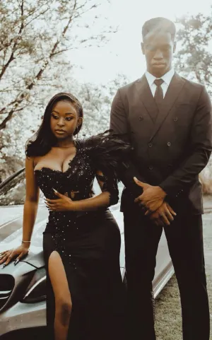 Sexy Black Formal Dress One Shoulder Evening Party Dress With Feather  fg7536