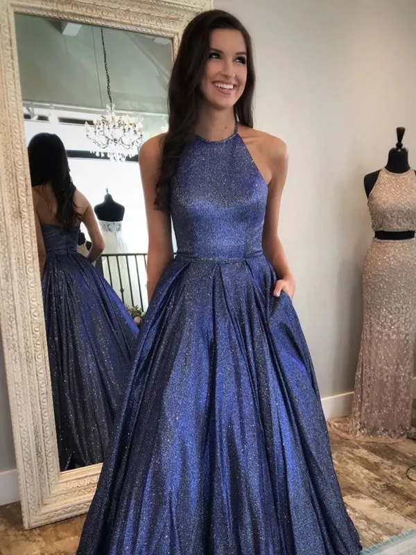 Shiny Halter Neck Backless Dark Blue Long Prom Dresses with Pocket, Backless Blue Formal Graduation Evening Dresses