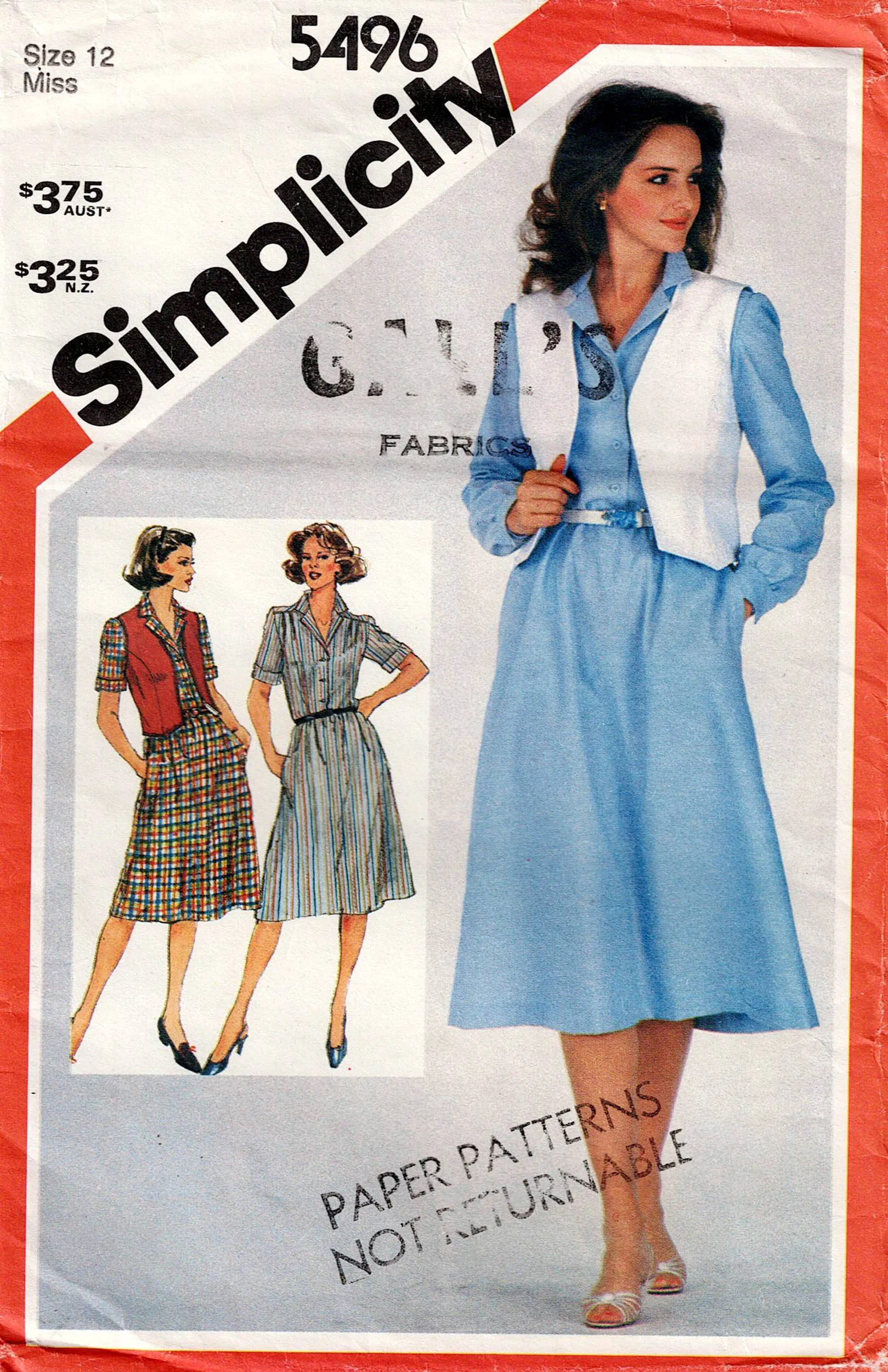 Simplicity 5496 Womens Pullover Shirtdress & Reversible Vest 1980s Vintage Sewing Pattern Size 12 Bust 34 Inches