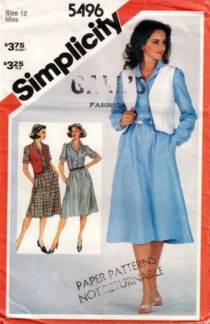 Simplicity 5496 Womens Pullover Shirtdress & Reversible Vest 1980s Vintage Sewing Pattern Size 12 Bust 34 Inches