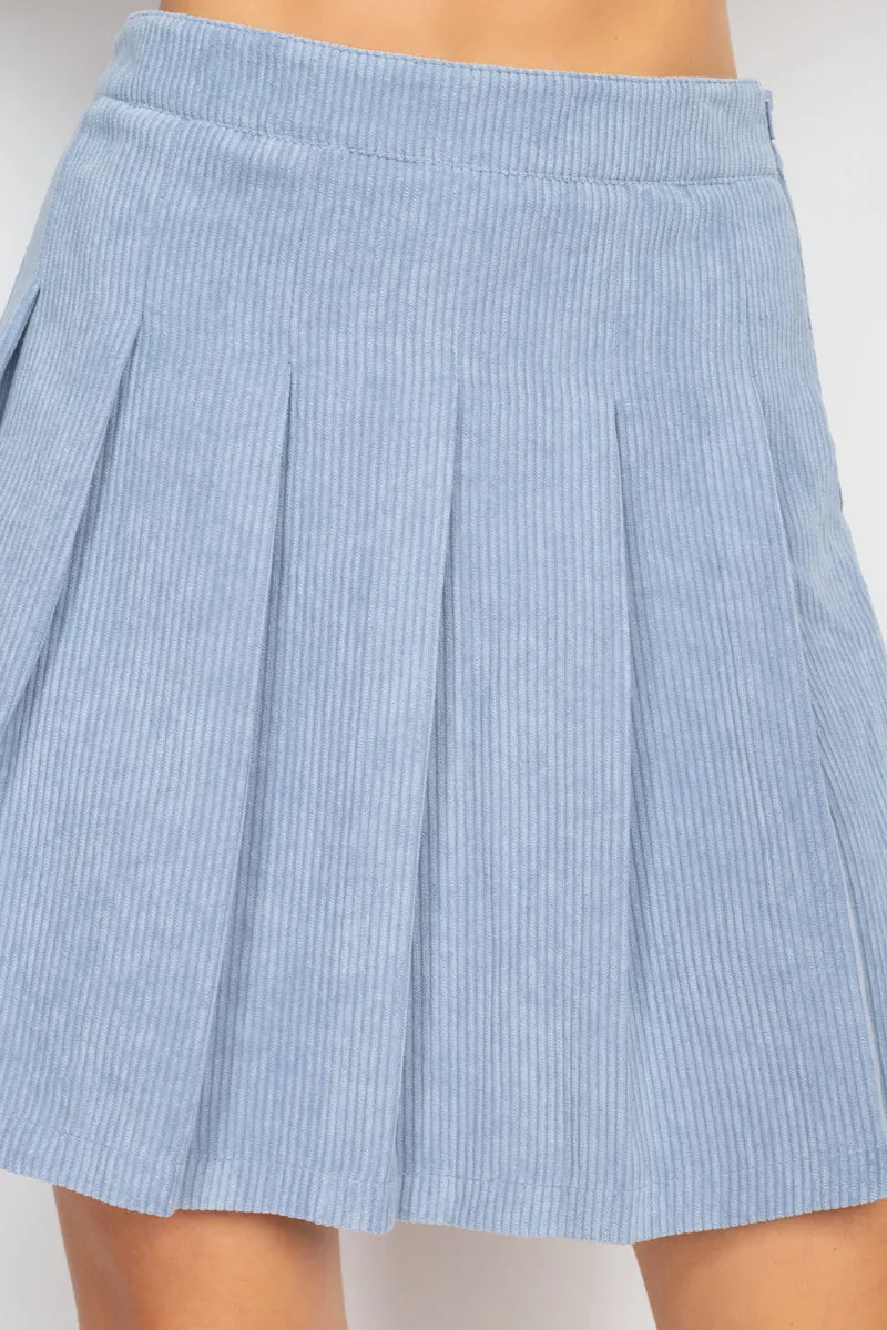 Size Large Blue A-line Corduroy Pleated Mini Skirt