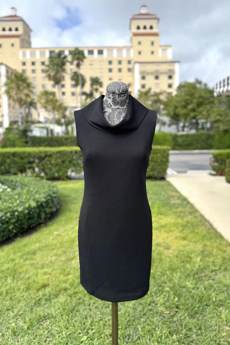 Sleeveless Pique Cowl Neck Dress in Black