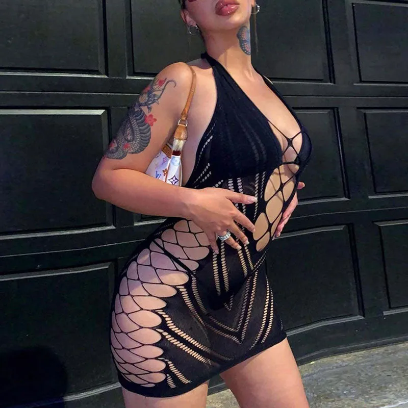 Solid Sleeveless Halter Hollow Out Bodycon Dress