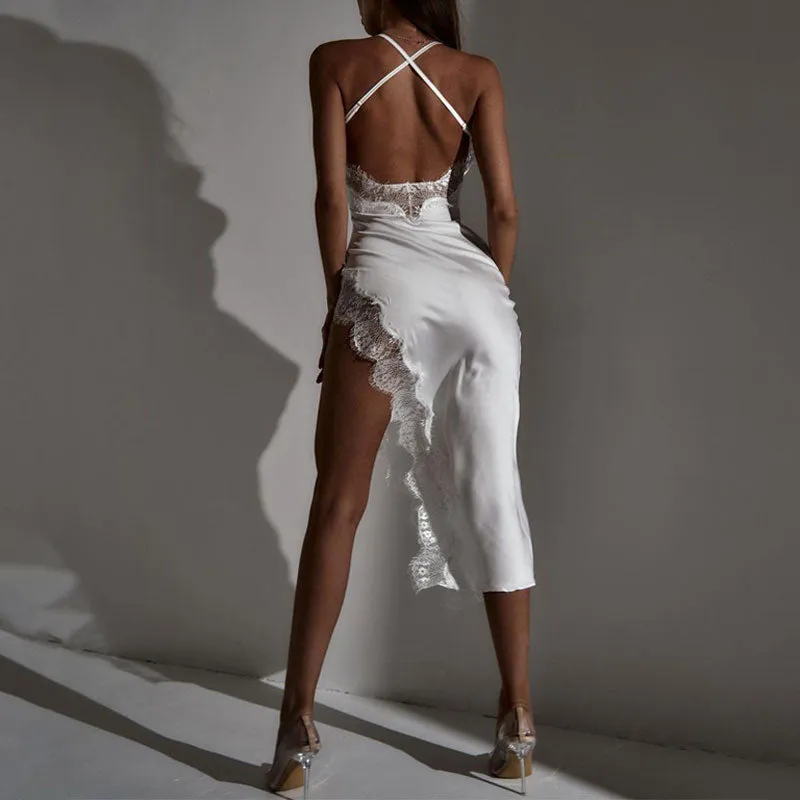 Solid Sleeveless Lace Asymmetrical Dress