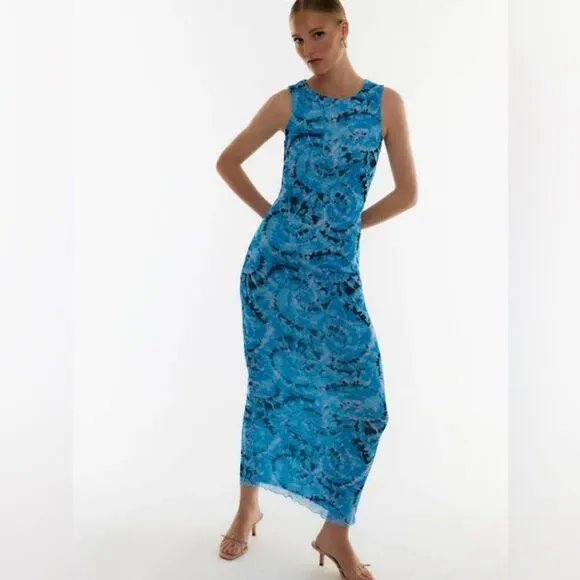 Something New Serena Print Sleeveless Mesh Maxi Dress Malibu Blue Aop Violeta S
