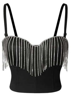 Sparkly Fringe Diamond Rhinestone Tassel Crop Top Corset Bra
