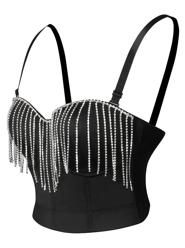 Sparkly Fringe Diamond Rhinestone Tassel Crop Top Corset Bra