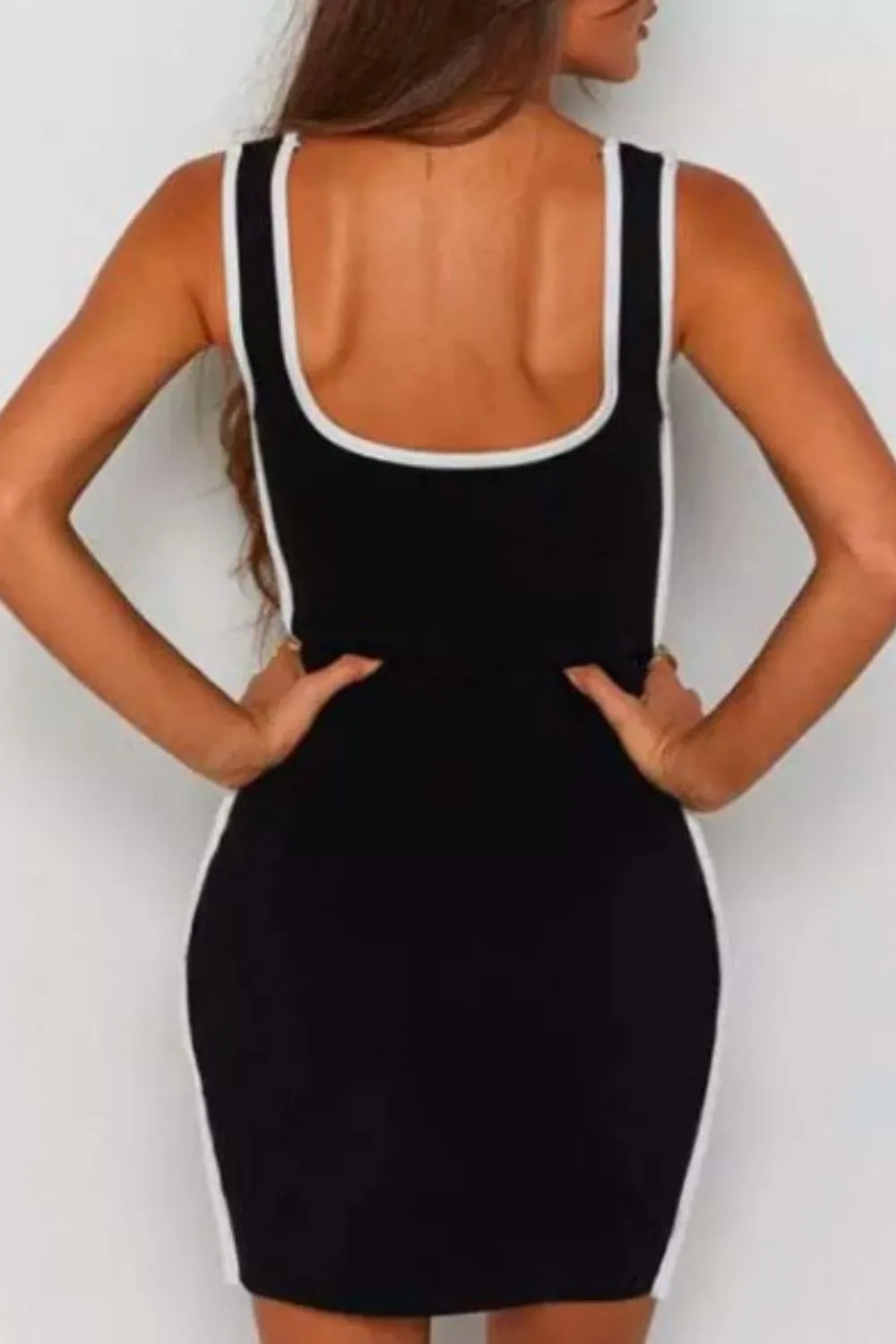 Square Collar Sleeveless  Bodycon Dress In Black