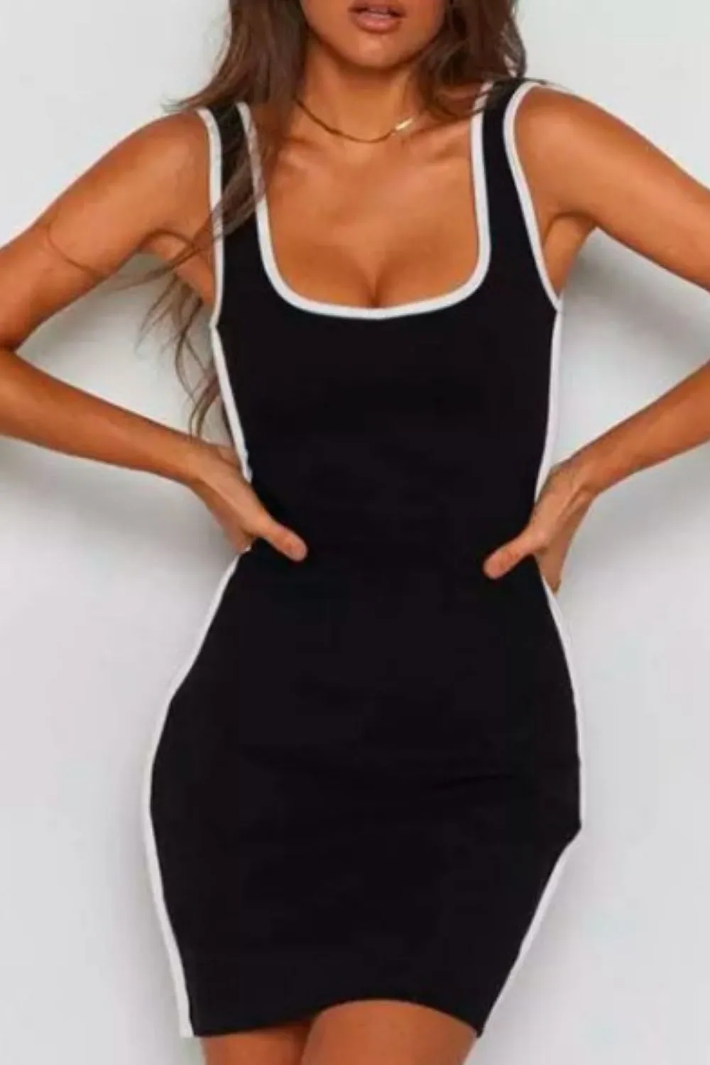Square Collar Sleeveless  Bodycon Dress In Black