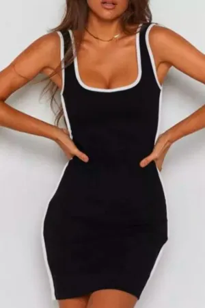 Square Collar Sleeveless  Bodycon Dress In Black