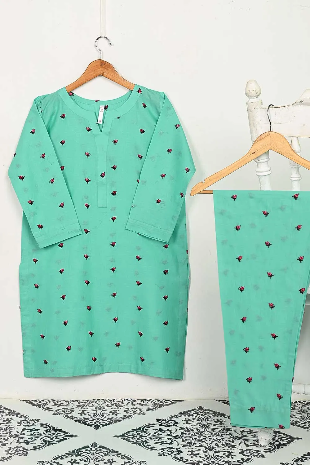 STP-143D-SeaGreen - 2PC COTTON EMBROIDERED STITCHED