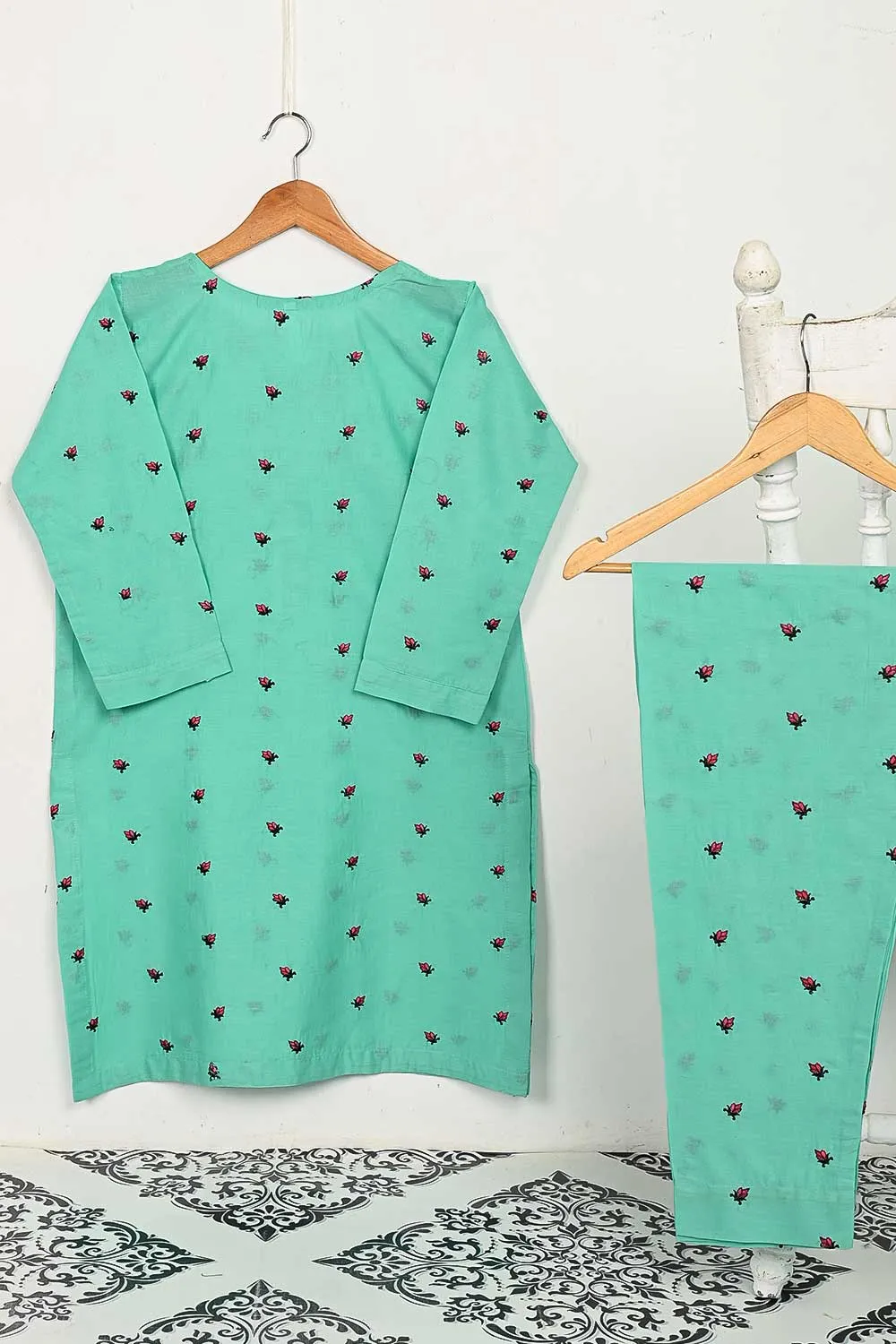 STP-143D-SeaGreen - 2PC COTTON EMBROIDERED STITCHED