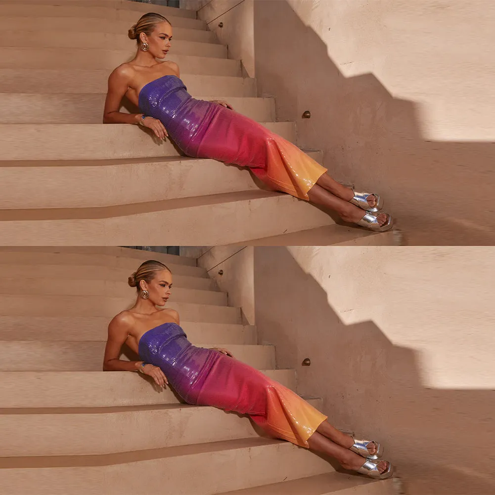 Strapless Sleeveless Sequins Midi Dress KLYF1039