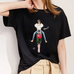 Style S： Lady In Floral Dress Women Black T-Shirt