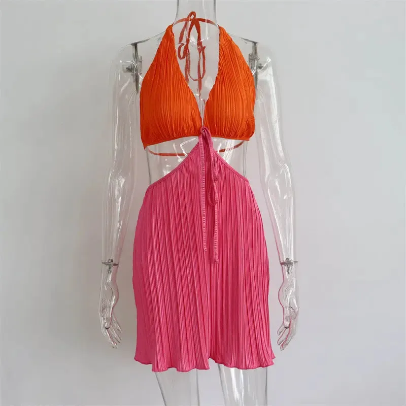 Summer Backless V-neck Pleated Dress - Womens Halter Lace-up Cutout Skirt