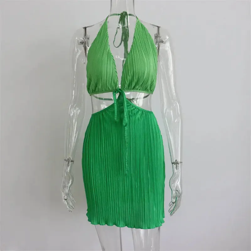 Summer Backless V-neck Pleated Dress - Womens Halter Lace-up Cutout Skirt