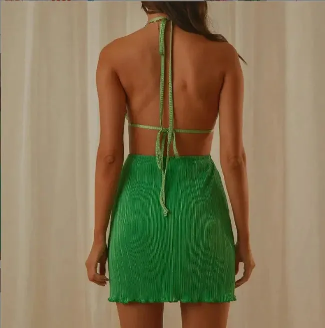 Summer Backless V-neck Pleated Dress - Womens Halter Lace-up Cutout Skirt