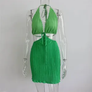 Summer Backless V-neck Pleated Dress - Womens Halter Lace-up Cutout Skirt