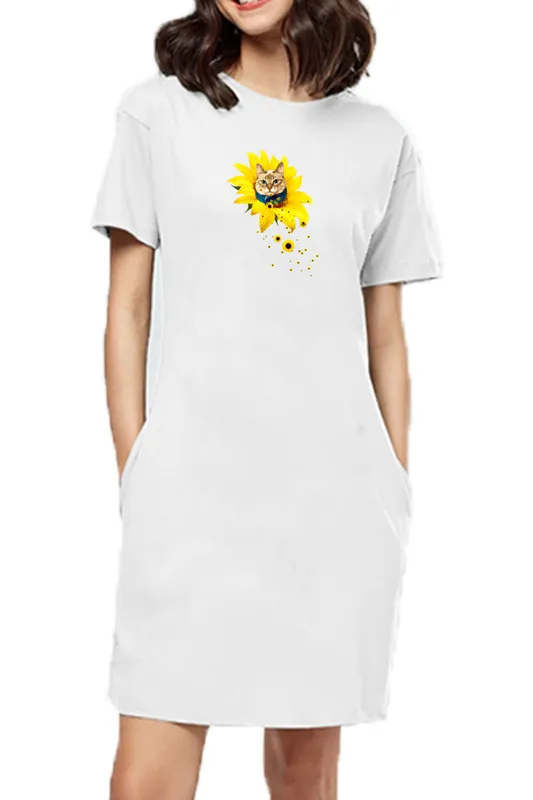 T-shirt Dress With Pockets - A Meowment Of Sunshine (5 Colours) (Slim Fit)