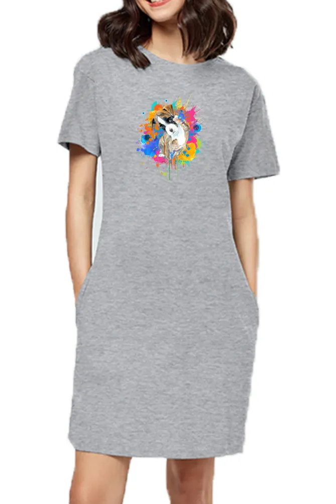 T-shirt Dress With Pockets - Splashes Of Joy Puppy (6 Colours) (Slim Fit)