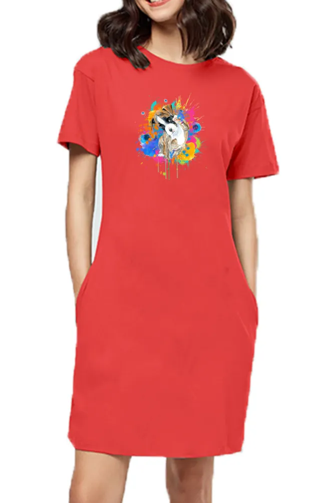 T-shirt Dress With Pockets - Splashes Of Joy Puppy (6 Colours) (Slim Fit)