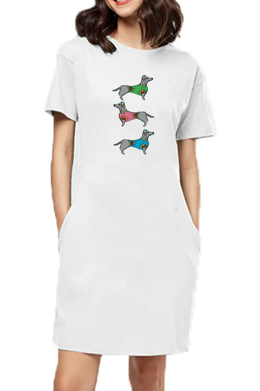T-shirt Dress With Pockets - Three Dachshunds (6 Colours) (Slim Fit)