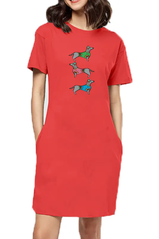 T-shirt Dress With Pockets - Three Dachshunds (6 Colours) (Slim Fit)